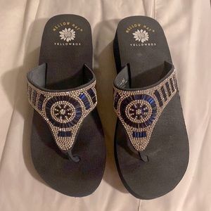 Yellow Box “mellow mat” blue & silver beaded flip flops.